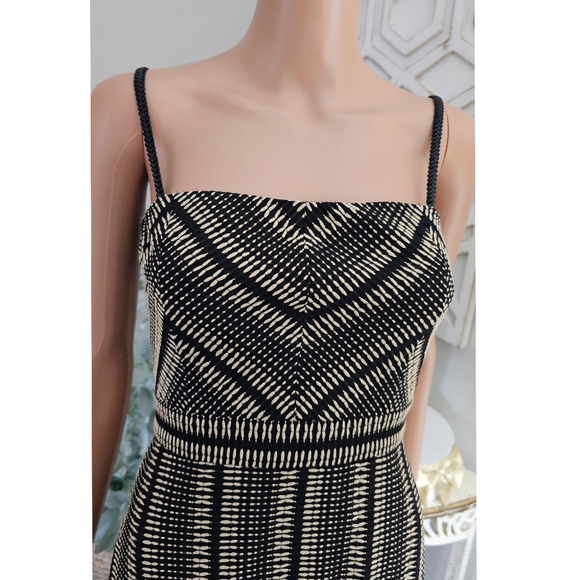 Alexis Grazie Black Beige Stripe Print Pleated Raffia Trim Mini Dress - Picture 8 of 16